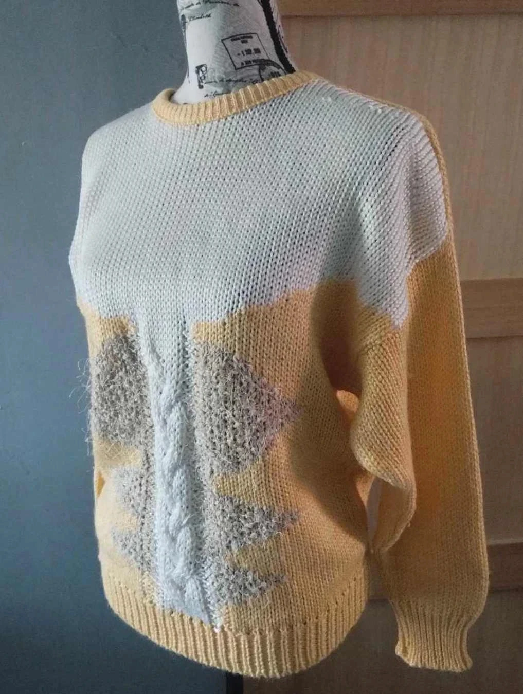 Pull jaune/blanc, coton/laine, Fait main T44/46